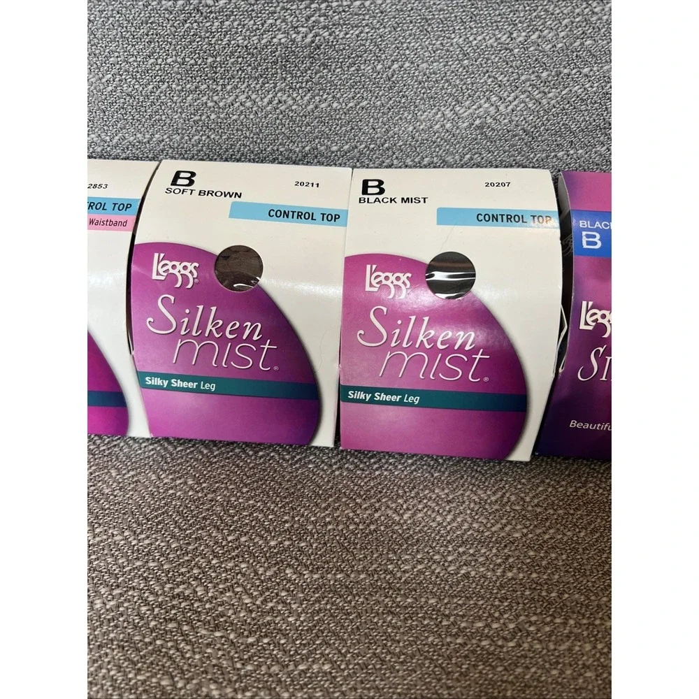 Leggs Silken Mist Control Top Sheer Pantyhose Jet Black Brown Size B Lot 5 New